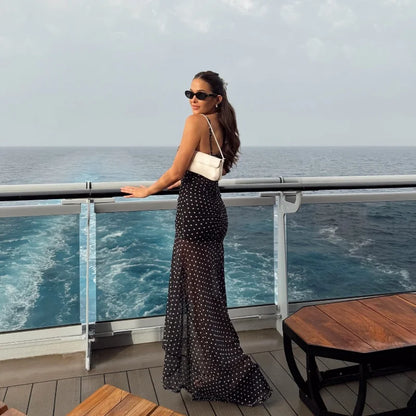 Black Backless V-Neck Polka Dot Maxi Dress