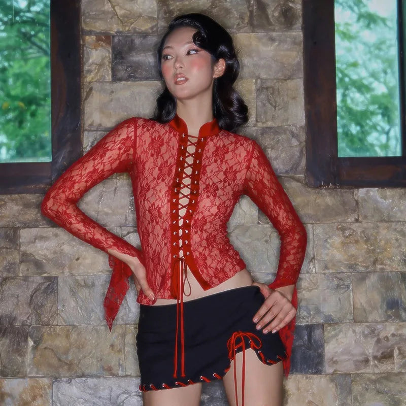 Red See Through Lace Top
