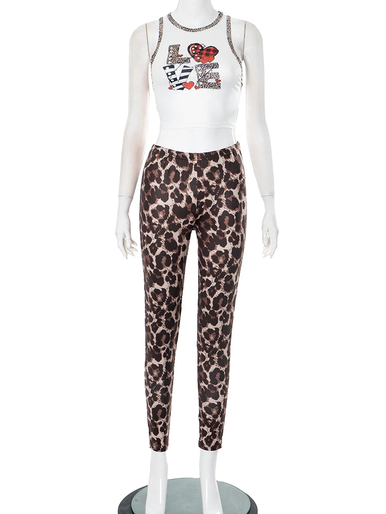 Leopard Print 2 Piece Set Letter p Top Peach Hip Pant Suit