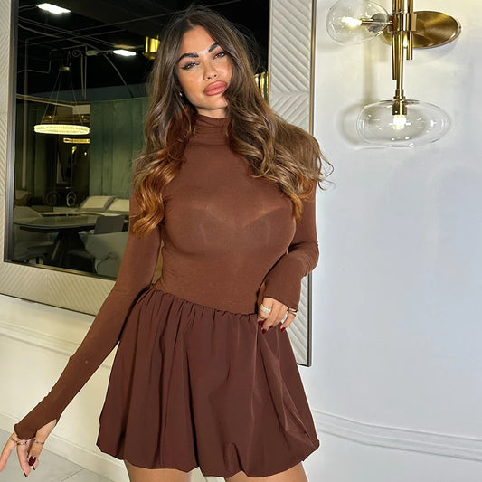And Winter High Neck Long Sleeve Waisted Pod Short Skirt Slim Patchwork Dress