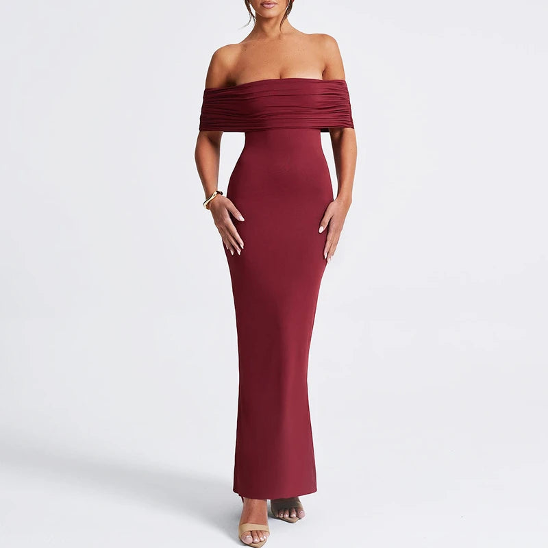 Slash Neck Sleeveless Backless Ruched Bodycon Maxi Dress