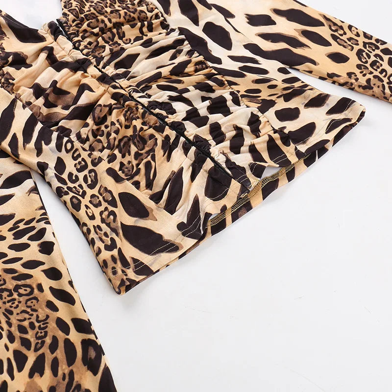 Leopard V-Neck Ruched Long Sleeve Top