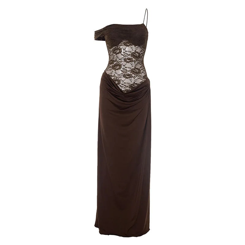 See Through Lace One Shoulder High Slit Maxi Dress