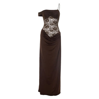 See Through Lace One Shoulder High Slit Maxi Dress