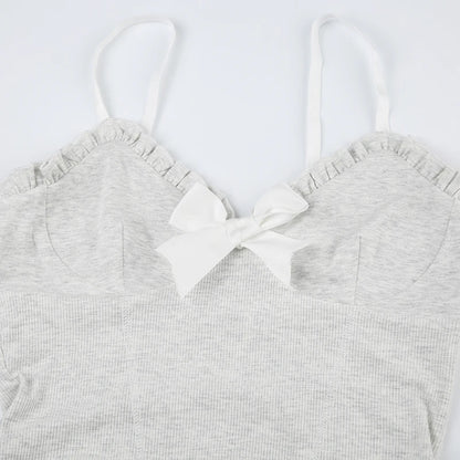 Lace Ruffles Bow Top - Elegant Gray Camis