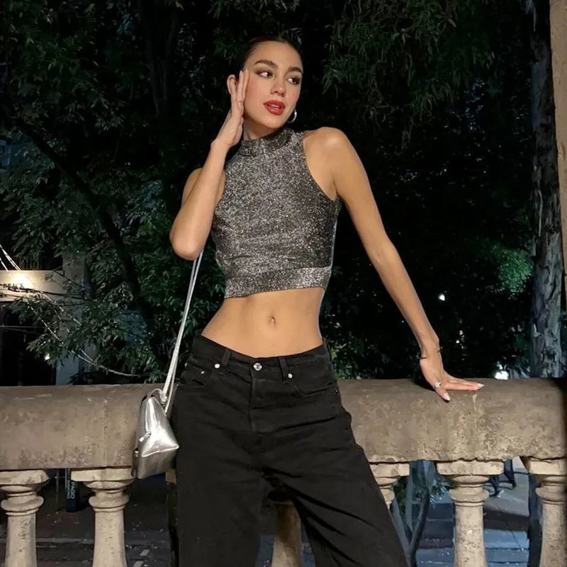 Gray Backless Glitter Sleeveless Crop Top