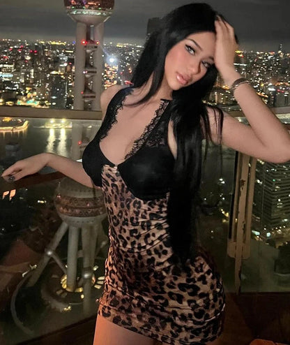 Leopard Print Lace Halter Bodycon Mini Dress