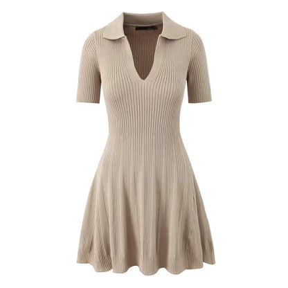 Khaki Knit Bodycon Dress with Polo Collar
