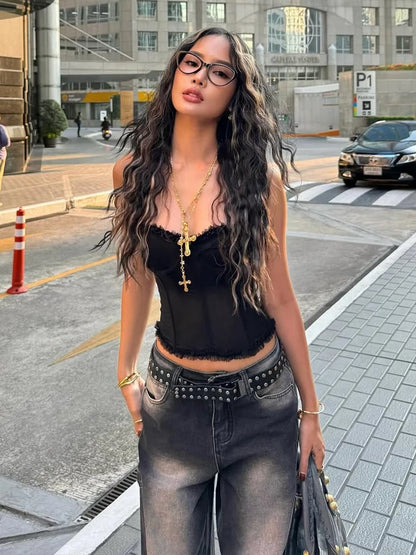 See Through Strapless Patchwork Top