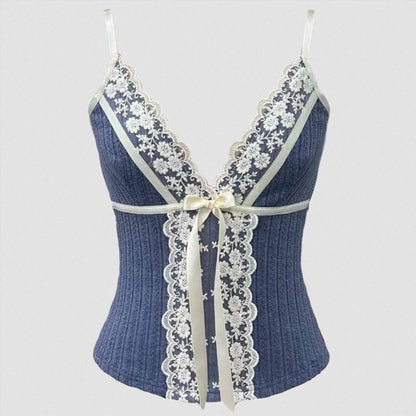 Ribbon Bow Lace V-Neck Top Blue