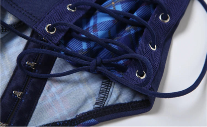 Blue Plaid Print Deep V-Neck Top