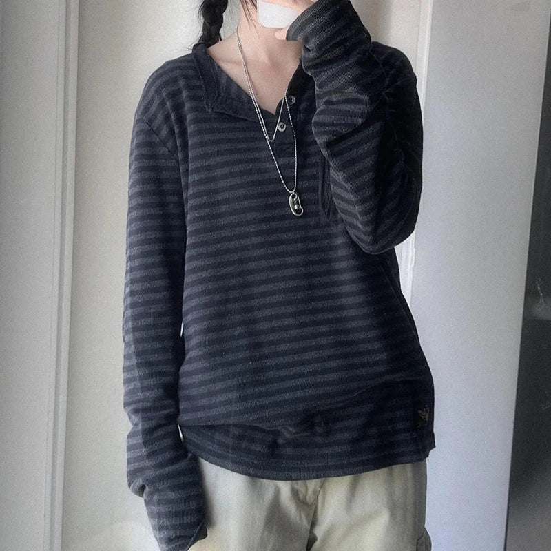 Striped Print Loose Tee Shirts Long Sleeves Botton Top
