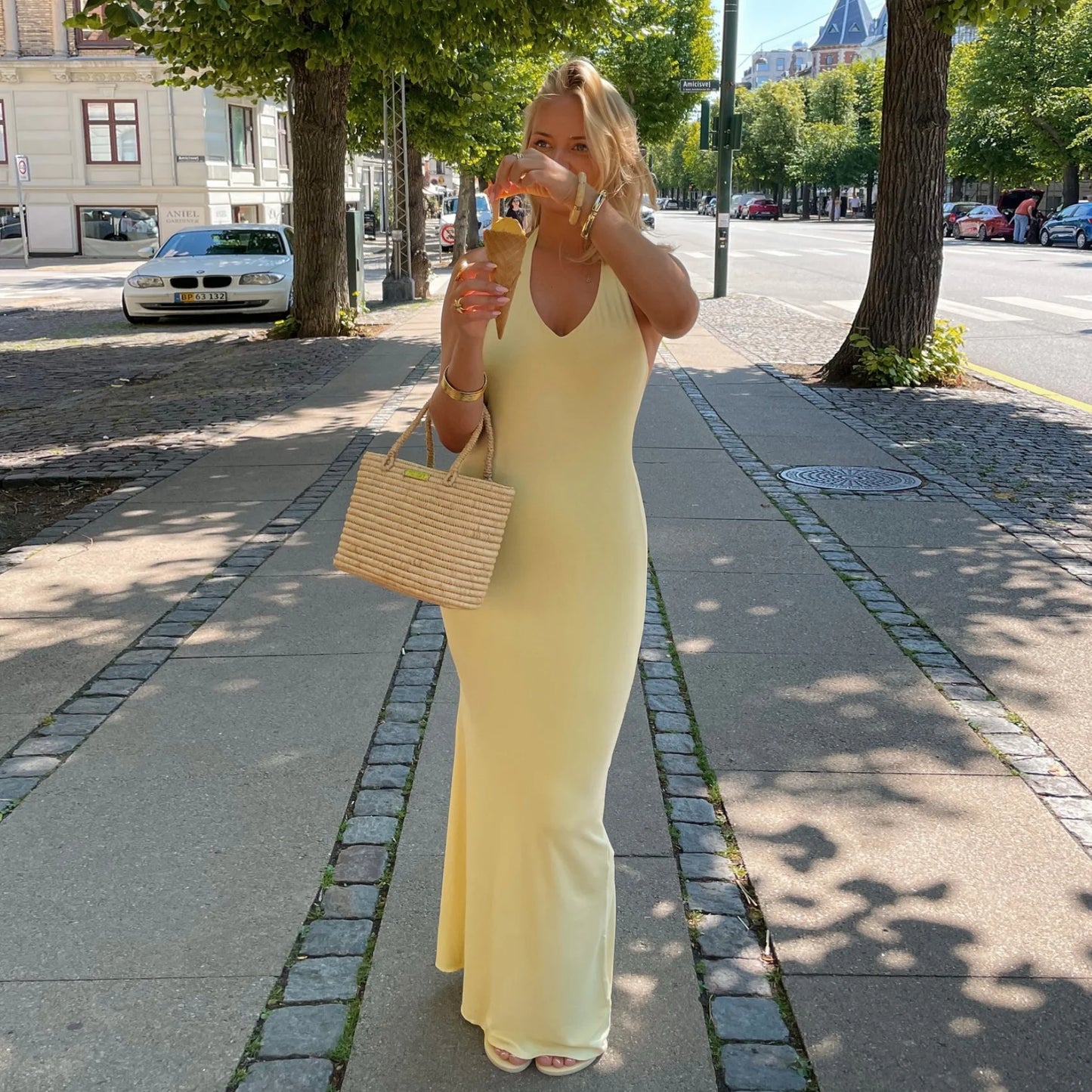 Yellow Slim Sleeveless Backless Halter Long Dress