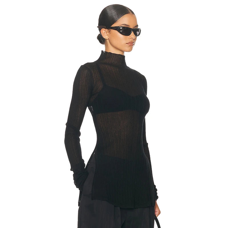 See Through Neck Pullover T-Shirt Long Sleeve Split Ribb Knit Top Side Slit