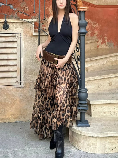 Leopard High Waist Ruched Long Skirt