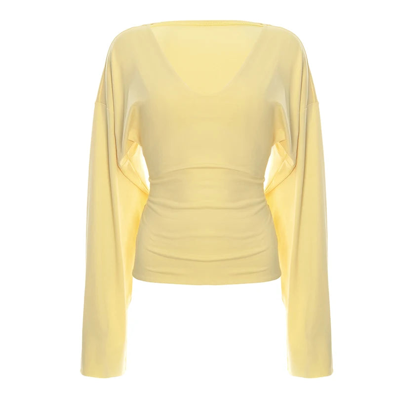 Yellow V-Neck Flared Loose Long Sleeve Slim Top