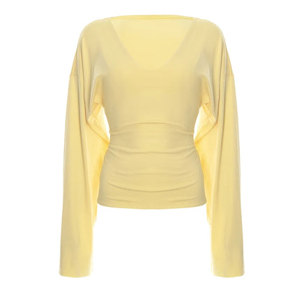 Yellow V-Neck Flared Loose Long Sleeve Slim Top