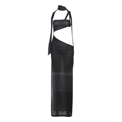 Halter Backless Maxi Bodycon Dress with Asymmetrical Design