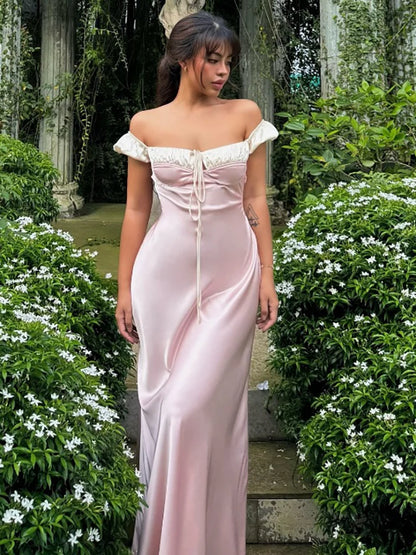 Pink Off Shoulder Dress with Puff Sleeves Pink Maxi Dress
