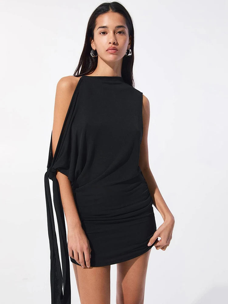 Hollow Knot Dress Solid Pleat Tassel Patchwork Mini Bodycon