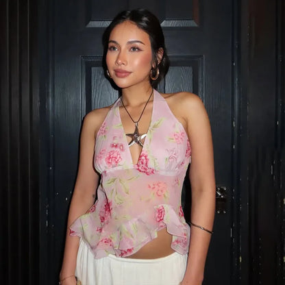 Pink Floral See Through Mesh Ruffled V-Neck Backless Top