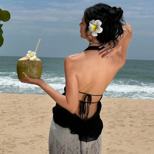 Black Backless Mesh Sleveless Halter Tank Top