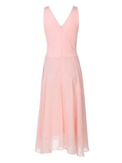 Pink V-Neck Sleeveless Chiffon Patchwork Midi Dress