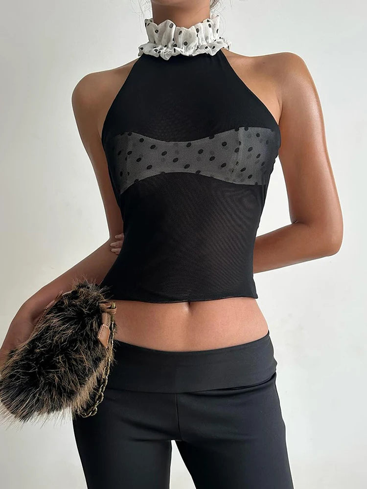 Black Mesh Halter Patchwork Polka Dots Backless Top