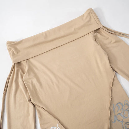 Khaki Off Shoulder Pleated Long Sleeve Top