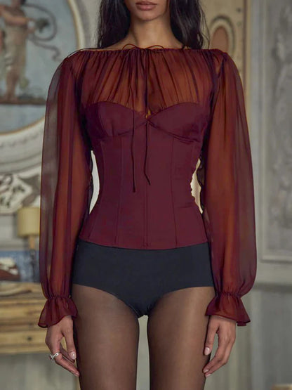 Burgundy Chiffon Long Sleeve T-Shirt