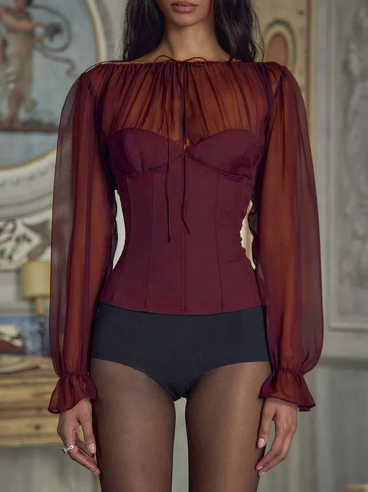 Patchwork Round Neck Chiffon T-shirt Burgundy Long Sleeve Lace Up T-shirt Slim Casual