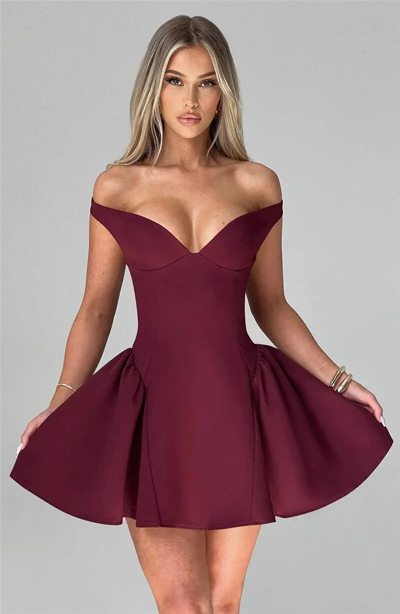 Off-shoulder Backless Mini Dress Wine Red Sleeveless Strapless High Waist A-line Dress
