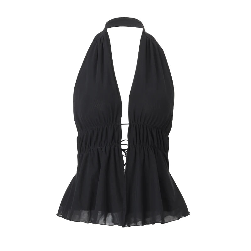 Black Backless Mesh Sleveless Halter Tank Top