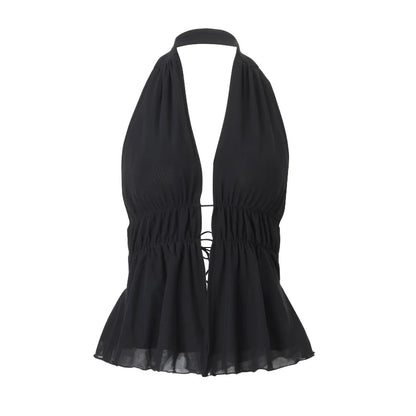 Black Backless Mesh Sleveless Halter Tank Top