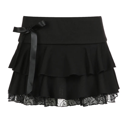 Gothic Black Mini Skirt with Lace Patchwork