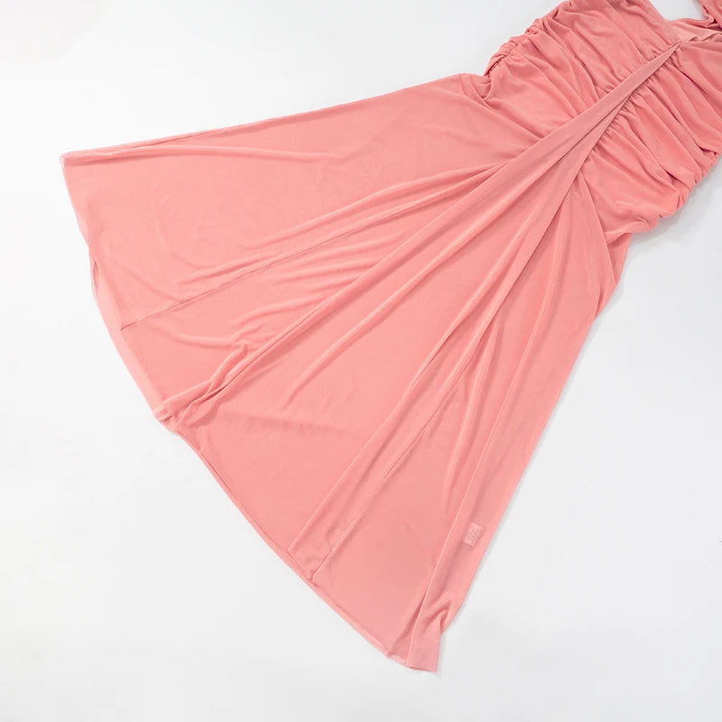 Color Pleated Slant Shoulder Sleeveless Strap Hollow Out Dress Celebrity