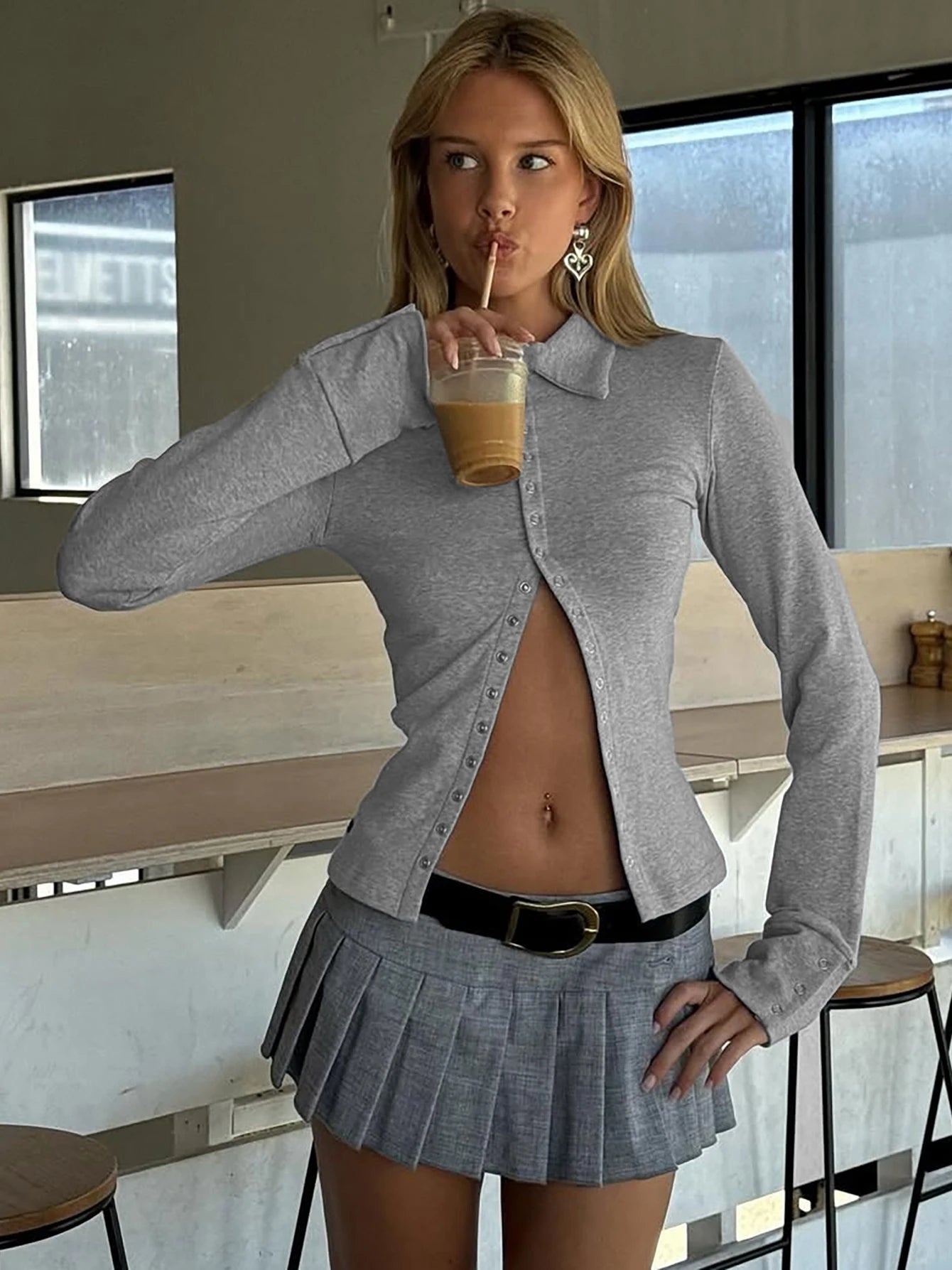 Gray Turn-Down Collar Long Sleeve Slim Cardigan Top