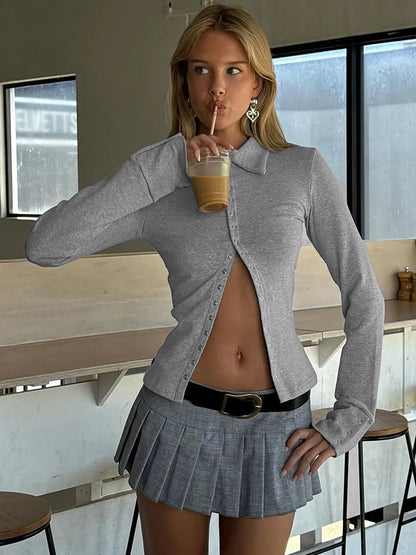 Gray Turn-Down Collar Long Sleeve Slim Cardigan Top