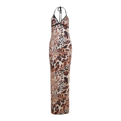Brown Backless V-Neck Maxi Dress