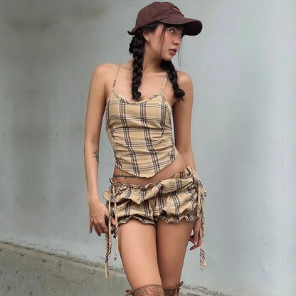 Khaki Plaid Backless Sleeveless Top And Ruffle Shorts Two Piece Set