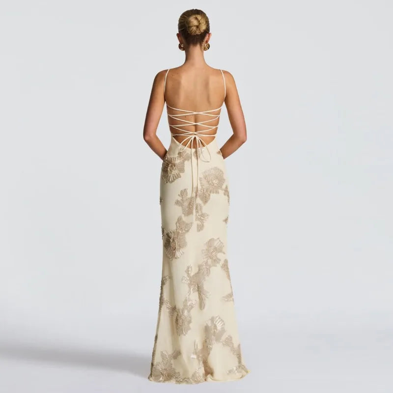 Flower Lace Up Backless Maxi Dress