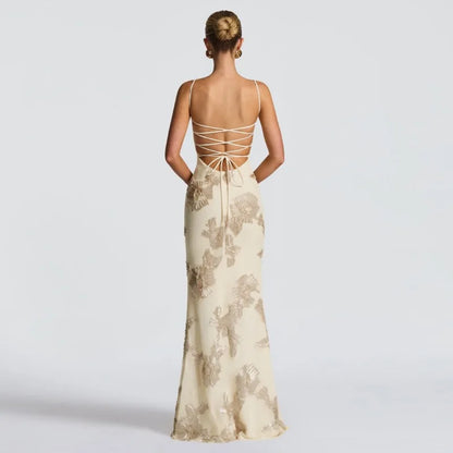 Flower Lace Up Backless Maxi Dress