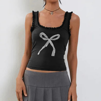 Bow Print Sweet Camisole with Lacework and Square Collar