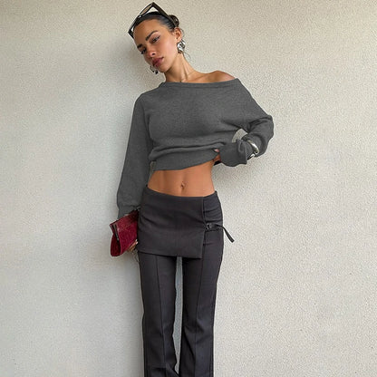 Inclined Shoulder Long Sleeve Slim Sweater