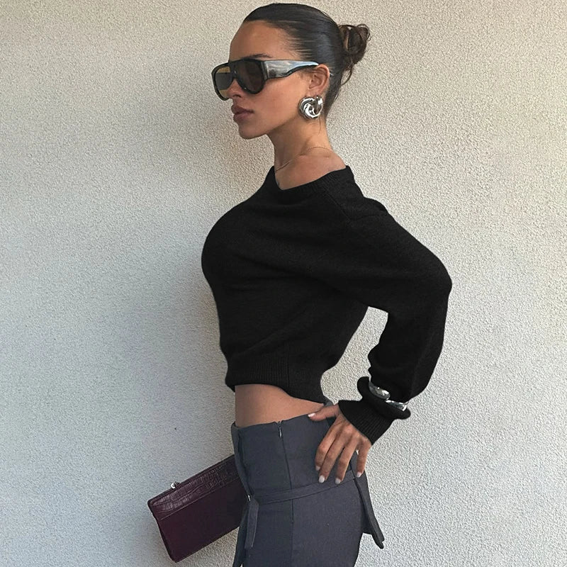 Inclined Shoulder Long Sleeve Slim Sweater