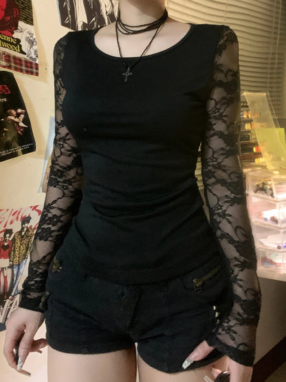 Lace Patchwork Slim Fit Crewneck Tee Black Top