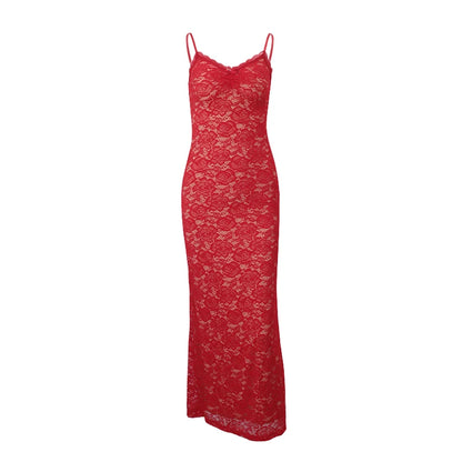 Red Lace See Through Maxi Dress