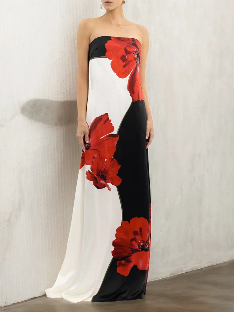 Strapless Floral Maxi Dress R Backless Off Shoulder Dress Loose
