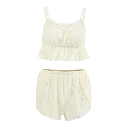 Lace Patchwork Pajama Set - Spaghetti Strap Top & Shorts