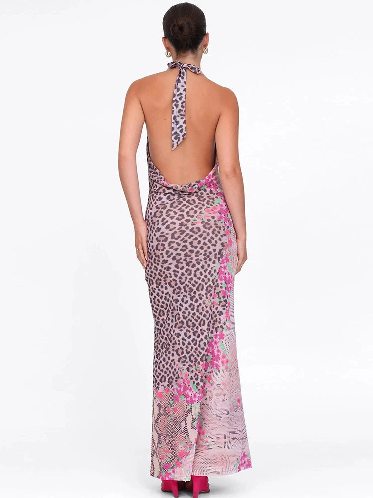 Leopard Dress Backless Lace-Up Halter Patchwork Swing Collar Sleeveless